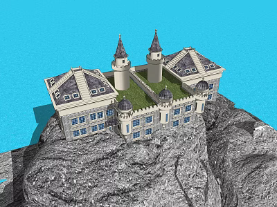 Ancient Castle Architecture On Rocky Cliff With Towers And Gray Roofs 3d model