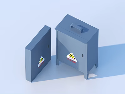 Gray Metal Containers With Open Door And Triangular Warning Signs 3d model