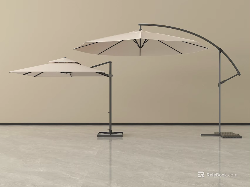 Two Modern Beige Sunshades With Black Arched Frames On Smooth Indoor Floor 3d model 