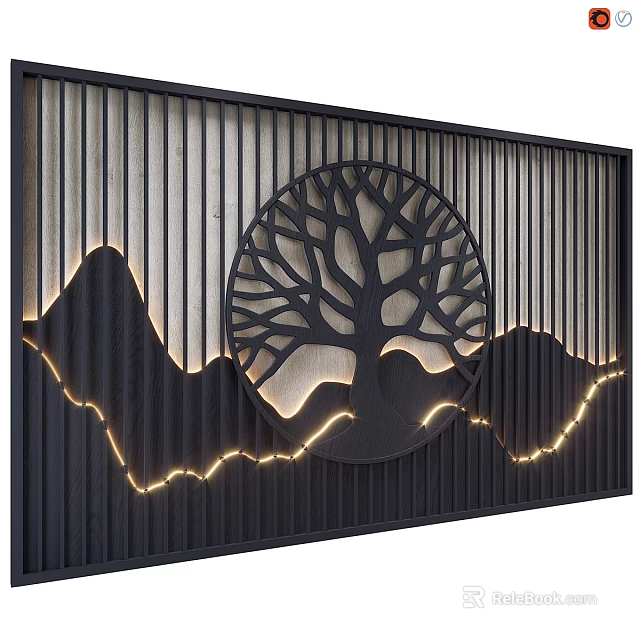 Modern Decorative Screen With Circular Tree Design Mountain Silhouette And Warm Lighting 3d model