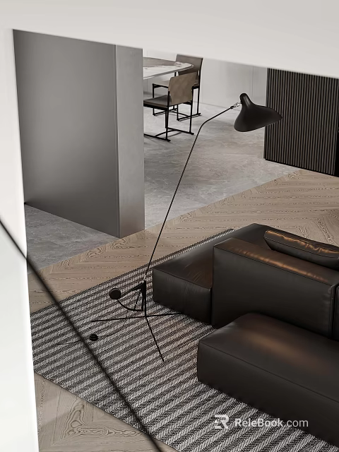 Modern Black Leather Sofa and Coffee Table Set with Floor Lamp and Patterned Rug 3d model 