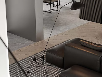 Modern Black Leather Sofa and Coffee Table Set with Floor Lamp and Patterned Rug 3d model