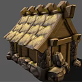 Cartoon Wooden Hut With Stone Walls Thatch Roof And Yellow Door Design Details