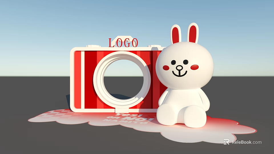 White Rabbit Doll Next To Red Camera Shaped Object With LOGO And Cloud Base 3d model 