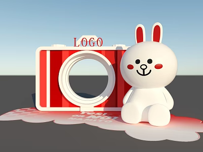 White Rabbit Doll Next To Red Camera Shaped Object With LOGO And Cloud Base 3d model