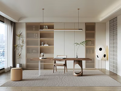 Modern Study Room Interior With Wooden Shelves Desk Chair Plant And Hanging Lights 3d model