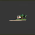 Cartoon Beach Scene With Palm Trees Wooden Platform Kiosk White Lounge Chairs And Blue Water