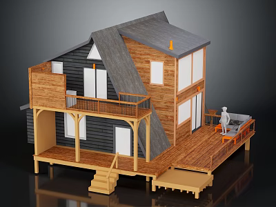 Modern Wooden House With Gray Roof Black Walls And Wooden Deck Balcony Staircase 3d model