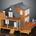Modern Wooden House With Gray Roof Black Walls And Wooden Deck Balcony Staircase