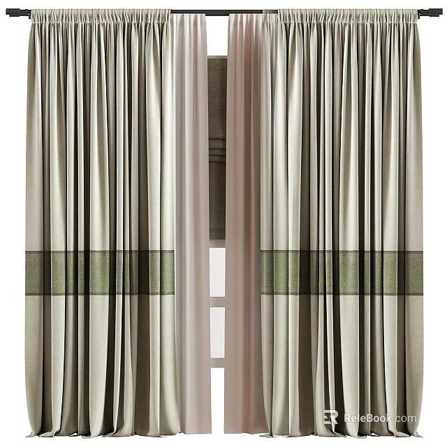 Modern Striped Curtains With Green And Beige Fabric Design For Windows 3d model 