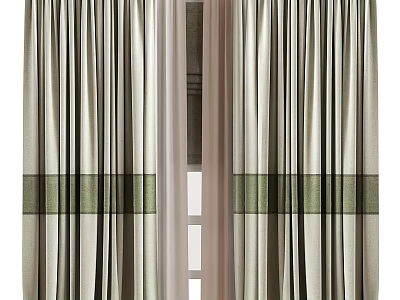 Modern Striped Curtains With Green And Beige Fabric Design For Windows 3d model