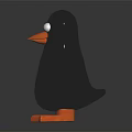 Penguin Toy Figure With Black Body Orange Feet And White Eyes Standing On Reflective Surface