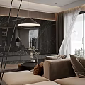 Modern Living and Dining Room Interior With Sofa Coffee Table Bookshelves Floor to Ceiling Windows