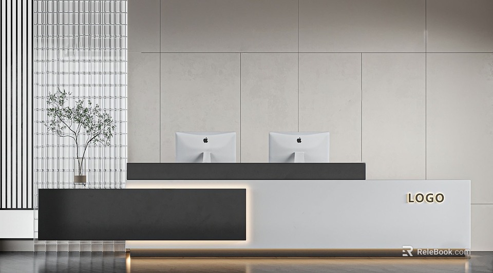 Modern Reception Desk Design With Gray Countertop Two Computer Monitors And Potted Plant 3d model 