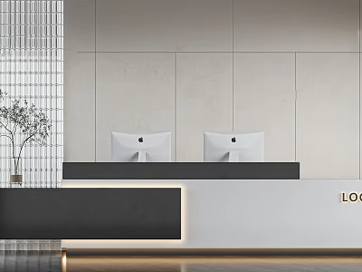 Modern Reception Desk Design With Gray Countertop Two Computer Monitors And Potted Plant 3d model