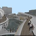 Modern Office Building Complex With Curved Walkways Water Pond And Gathering People