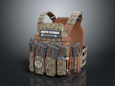 Camouflage Tactical Vest With Grupo Fleinas Label Multiple Magazine And Accessory Pouches Brown Webbing Straps 3d model