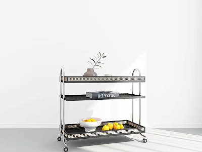 3 Tier Rolling Storage Shelf with Vase Plant Book and Fruit Bowl on White Background 3d model