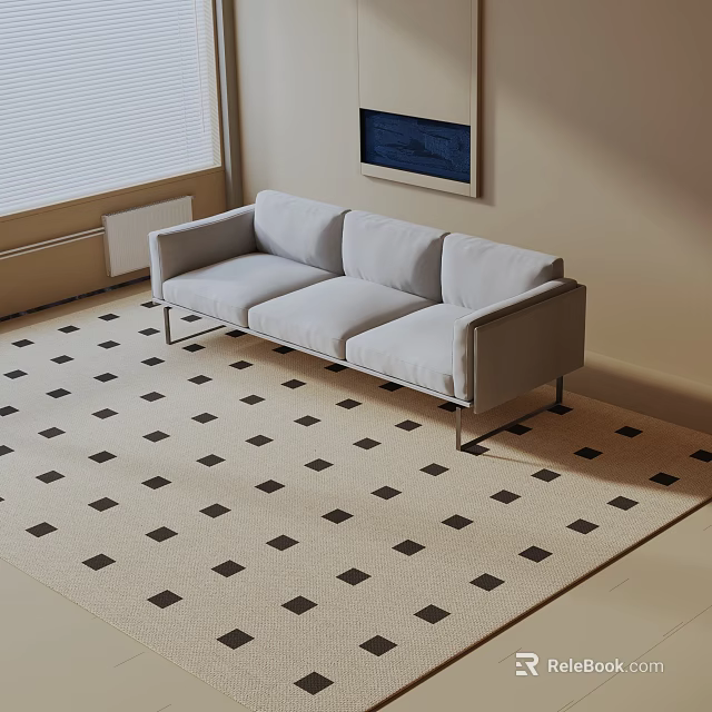 Light Gray Fabric Three Seater Sofa In Modern Living Room With Rhombus Pattern Rug 3d model 