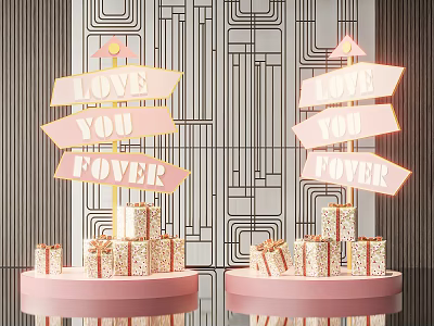 Decorative Love You Forever Signs With Gold Gift Boxes On Pink Pedestals Against Geometric Background 3d model