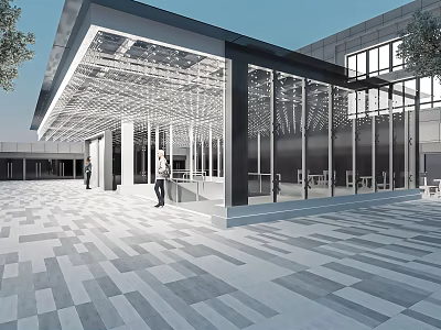 Modern Glass Building With Open Structure Tiled Ground And Surrounding Trees 3d model