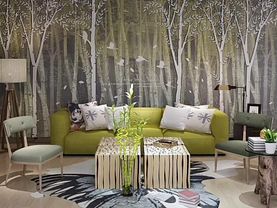 Green Sofa and Coffee Table Set with Pillows Tree Pattern Wallpaper and Accent Chairs 3d model