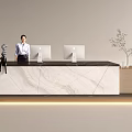 Professional Receptionist At Modern Marble Countertop Desk With Computers And Decorative Plant