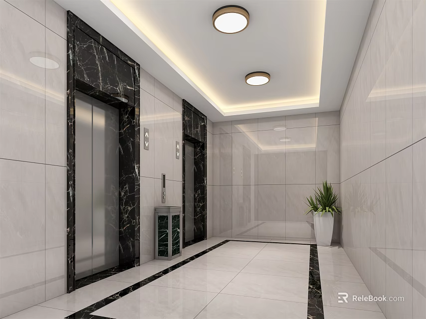 Modern Elevator Lobby With Marble Walls Elevator Doors And Recessed Lighting 3d model