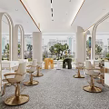Modern Beauty Salon Interior Design With White Gold Decor Arched Mirrors White Chairs Cabinets And Shelves