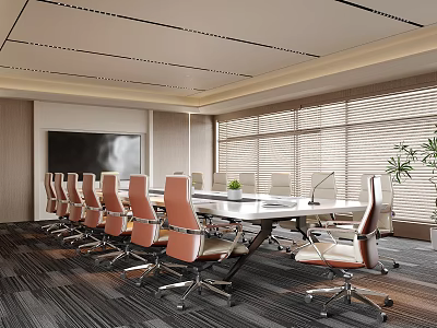 Conference Room Interior With Long Meeting Table Orange White Chairs Large Screen Blinds And Plants 3d model