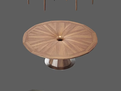 Round Wooden Dining Table Set with Radial Wood Grain Central Accent Metal Base and Chairs 3d model