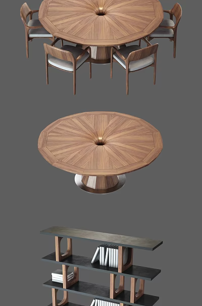 Round Wooden Dining Table Set with Radial Wood Grain Central Accent Metal Base and Chairs 3d model