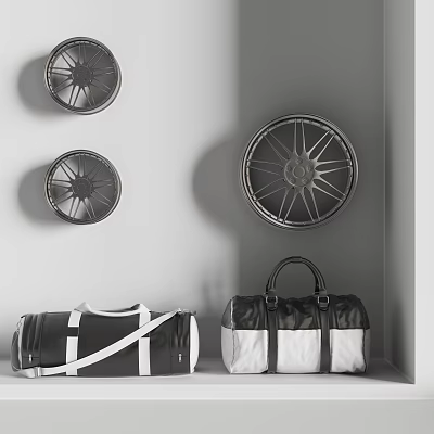 Black And White Luggage Bags Displayed With Hanging Wheels In Modern Interior 3d model
