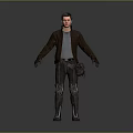 Man Wearing Brown Leather Jacket Gray T-Shirt Dark Pants Waist Bag Black Gloves Gray Background