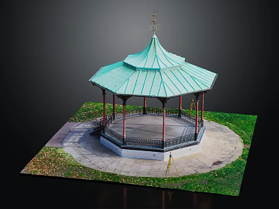 Outdoor Octagonal Gazebo With Green Roof And Surrounding Grass Stone Pavement 3d model