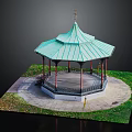 Outdoor Octagonal Gazebo With Green Roof And Surrounding Grass Stone Pavement
