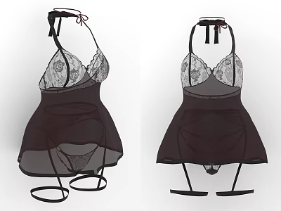 Black Women's Lingerie With Halter Neck Lace Details And Sheer Fabric Garter Straps 3d model