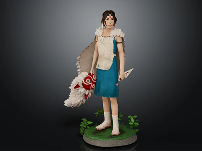Magical Girl Character With Red White Fish Creature Wings Blue Dress And Green Plants 3d model