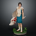 Magical Girl Character With Red White Fish Creature Wings Blue Dress And Green Plants