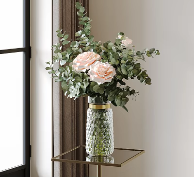 Pink Roses and Green Eucalyptus in Transparent Diamond Patterned Vase with Gold Rim on Shelf 3d model