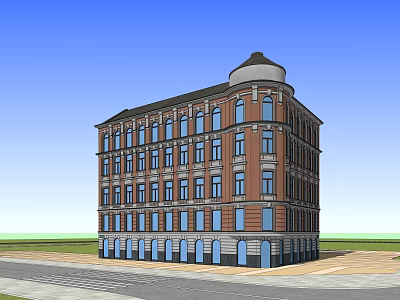 Multi Story Brick Red Office Building With Domed Roof And Blue Base 3d model