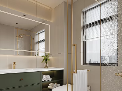 Elegant Bathroom Interior With Large Mirror Green Vanity Cabinet Gold Fixtures And Frosted Glass Window 3d model