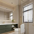 Elegant Bathroom Interior With Large Mirror Green Vanity Cabinet Gold Fixtures And Frosted Glass Window