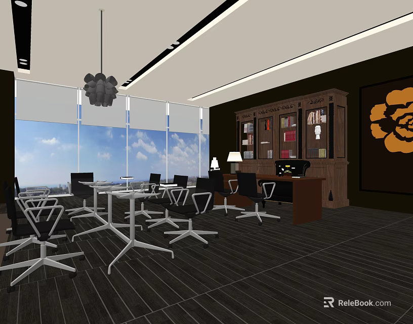 Modern Open Office Interior With Large Windows Pendant Light Desk Chairs Bookshelf And Wooden Floor 3d model 