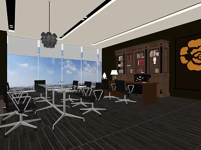 Modern Open Office Interior With Large Windows Pendant Light Desk Chairs Bookshelf And Wooden Floor 3d model