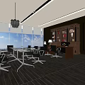 Modern Open Office Interior With Large Windows Pendant Light Desk Chairs Bookshelf And Wooden Floor