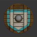 Round Wooden Shield With Brown Turquoise Stripes White Accents And Metal Ball