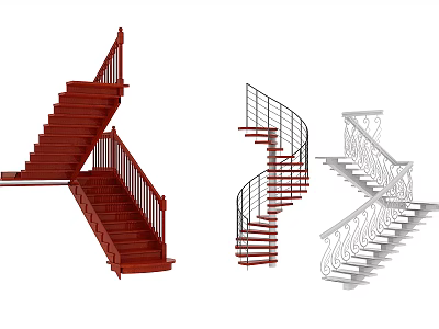 Different Types of Staircases With Wooden Spiral Railings and Step Designs 3d model