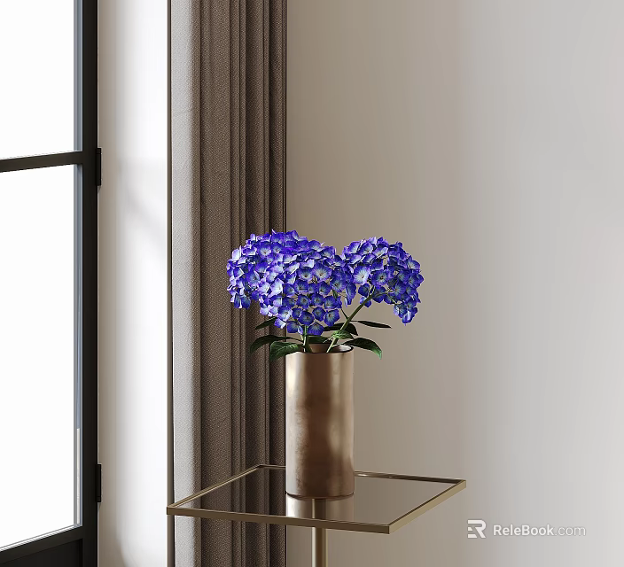 Metal Vase With Blue Hydrangeas On Gold Metal Side Table By Window 3d model 