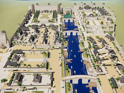 Ancient Architecture Complex Featuring Traditional Layout Water Channels And Historic Courtyards 3d model